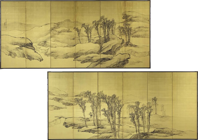 View a pair of 6-panel byobu screens 山水図（六曲一双屏風